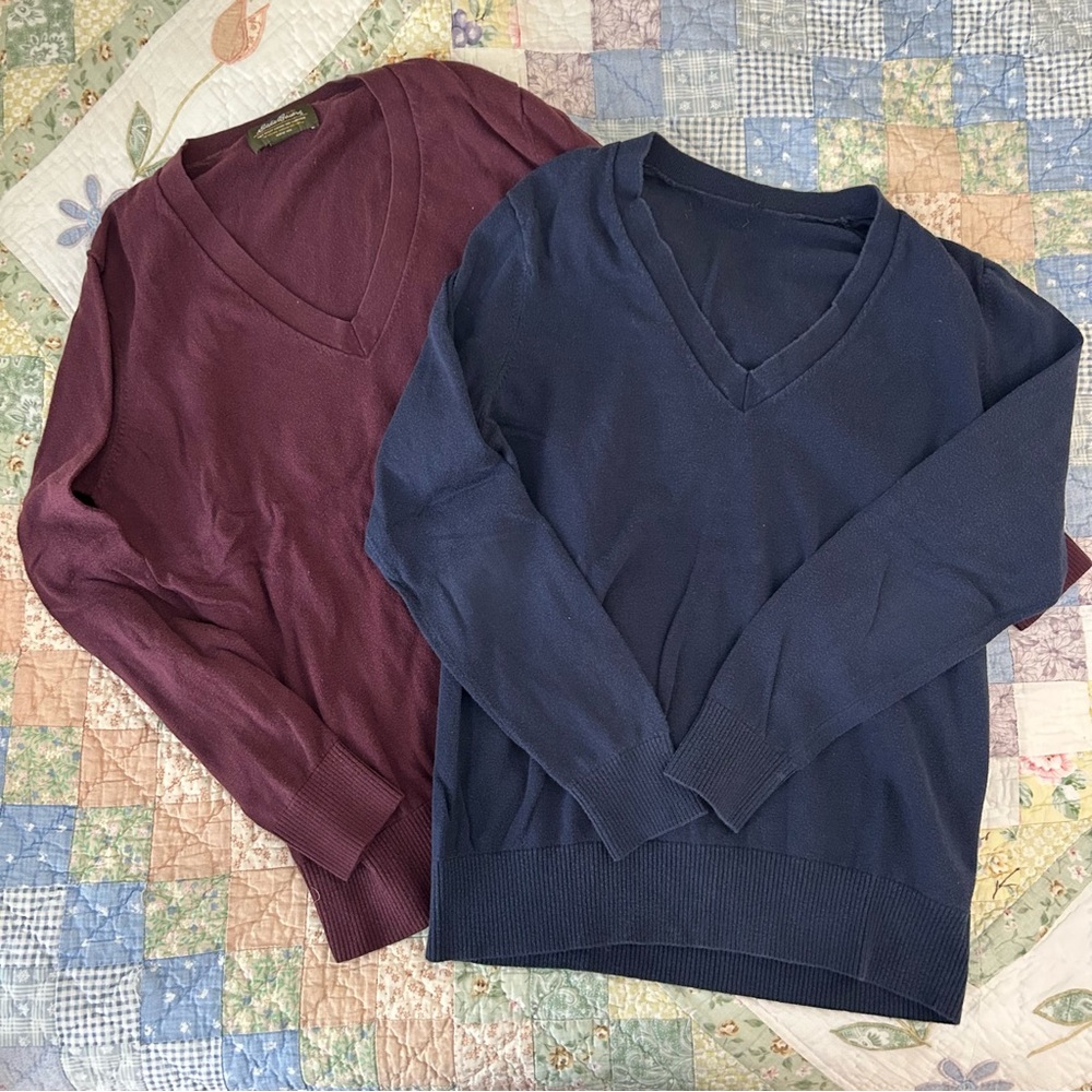 maroon and navy Eddie Bauer v-neck sweater bundle
